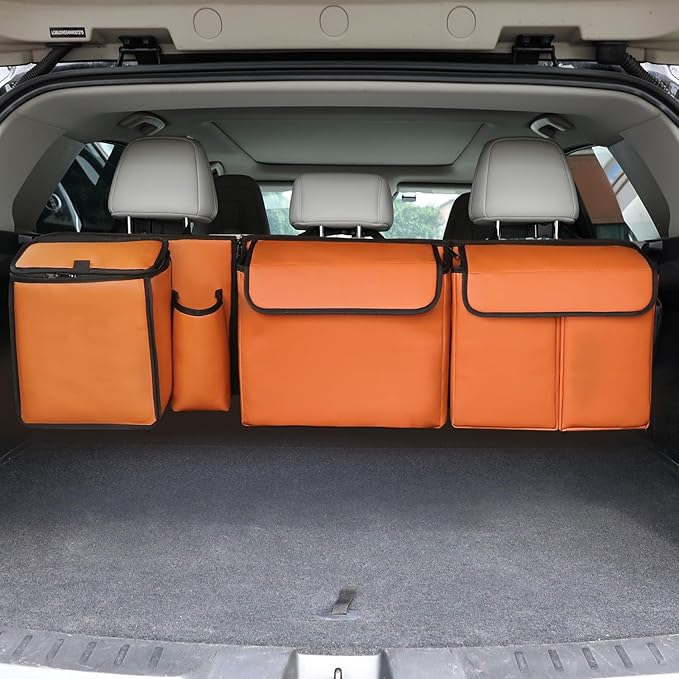Deluxe Leather Trunk and Backseat Organizer for Car SUVs & RVs, Detachable Storage Modules with Built-in Cooler, Patent Pending (Orange)