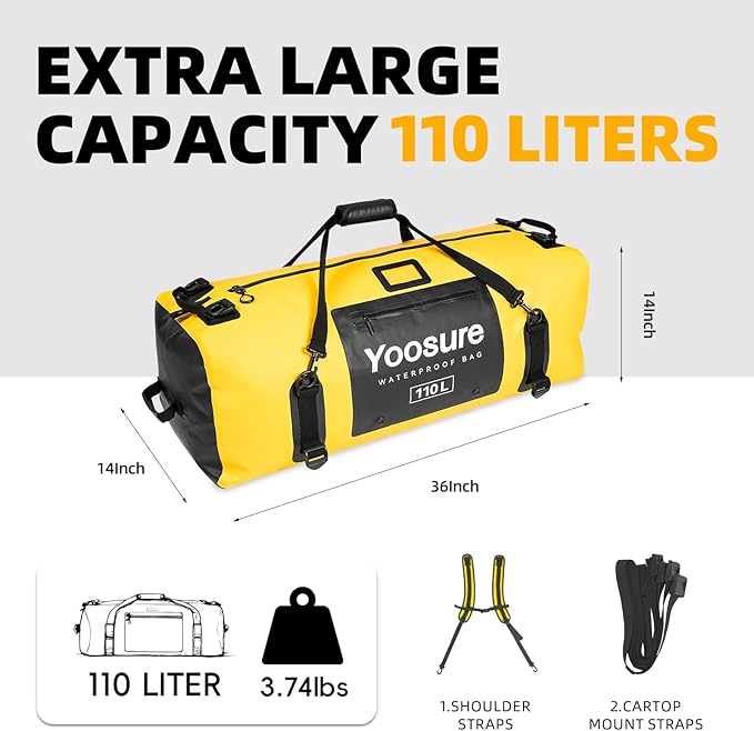 Airtight Zipper Waterproof Duffel Bag 110L- 700D PVC Dry Bag Extra Large Dry Bags with Straps&Handles for Camping Boating Kayaking Rafting Canoeing Gym Beach Car Roof Storage (Yellow)
