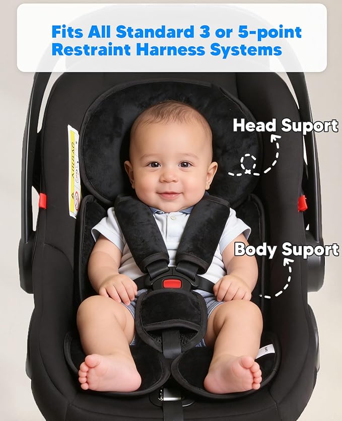 Infant Car Seat Insert for Newborn Girls Boys, 3 in 1 Reversible Cushion for Carseat with Strap Pads Buckle Cover Extra Soft Carseat Support Pad for All Season, Black