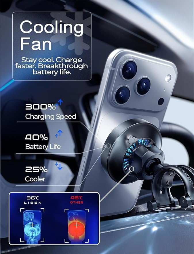 LISEN for Qi2.2 25W MagSafe Car Mount Charger，[Top Spec with Cooling Fan＆95W Fast Adapter] Wireless Car Charger 25W Galaxy S26 Ultra Car Charger Fast Charging for iPhone 17 Pro Max Air 16-12 Series