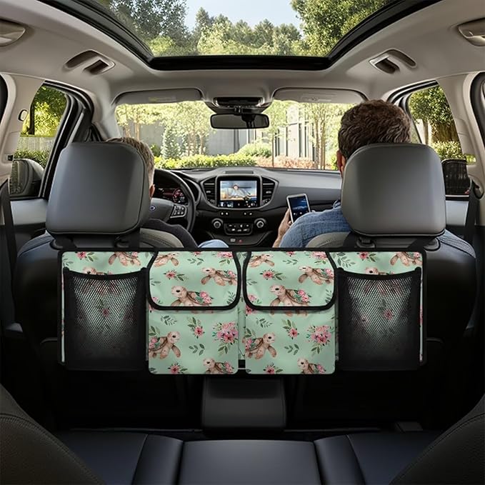 Sea Turtle Flower Car Trunk Organizer, Backseat Hanging Large Storage with Adjustable Straps & 4 Pockets, Waterproof Cargo Bag, Car Interior Accessories
