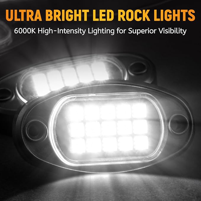 YONEDA 20 Pods White Rock Lights 6000K Pure White LED Underglow Lights IP68 Waterproof for Trucks SUV UTV ATV RZR Car Boats Motorcycle with 39.37ft Extension Wire