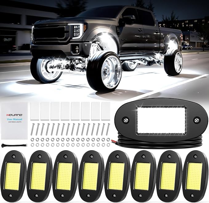 Hovano 8 Pods COB White Rock Lights, 120 COB Chips 6500K Pure White Super Bright Neon Underglow, IP68 Waterproof Shockproof Off-Road Light Kit for Pickup Trucks, SUV, UTV, ATV, RZR, Cars & Boats