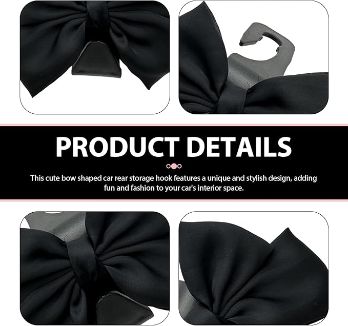 2PCS Car Seat Headrest Hooks, Cute Bow Purse Hook for Car, Vehicle Rear Seat Storage Hooks Hanger for Bag, Umbrellas, Purses, Universal Auto Interior Decorating Accessories (Satin-Black)