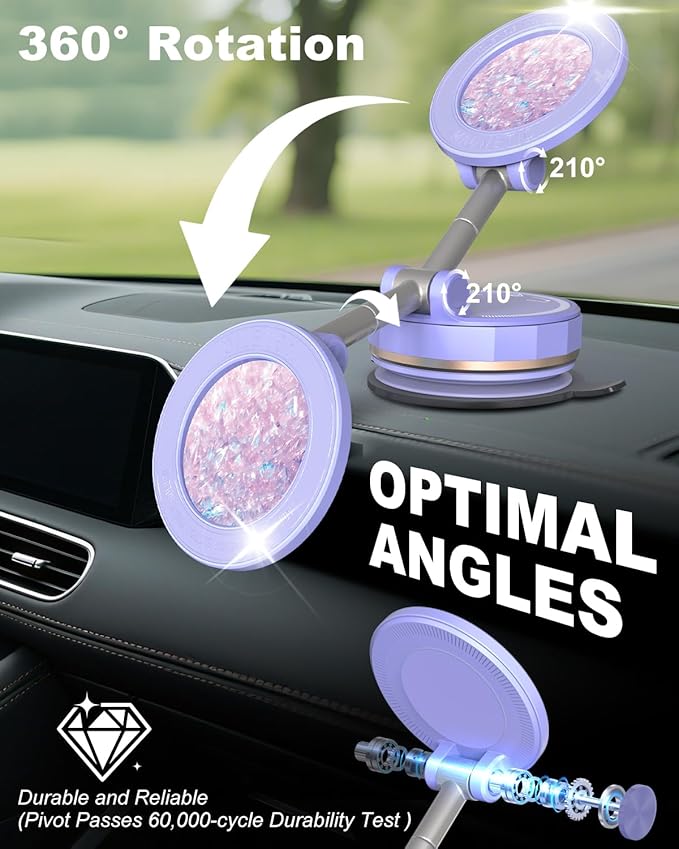 2026 Gen-3 Magnetic Phone Holder for MagSafe Car Mount,360° Adjustable Vacuum Suction Phone Mount for Car/Mirror/Home/Travel,Suction Cup Mount for iPhone 17/16/15/14/13/12/Android (Purple)