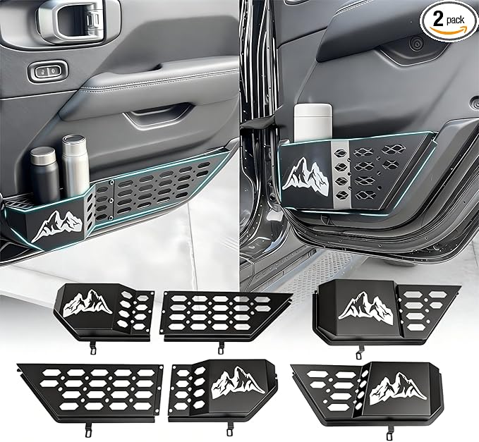 Front & Rear Door Pocket Cup Holder Organizer Fit for 2018-2026 Jeep Wangler JL JLU 4xe Rubicon Sahara & Gladiator JT Accessories, Metal Door Side Insert Storage Box (Not for Power Seats)