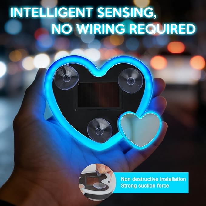 2PCS Solar Heart Lights for Car Window - Auto On/Off at Night, No Wiring Needed, Waterproof Romantic Gift for Her/Him, Car Gift Anniversary, Windshield Dashboard Decoration (Blue)