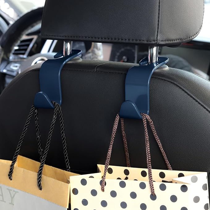 Soleebee 4 Pack Car Headrest Hooks - Universal Auto Hooks, Back Seat Hangers, Storage Organizer (Navy Blue)