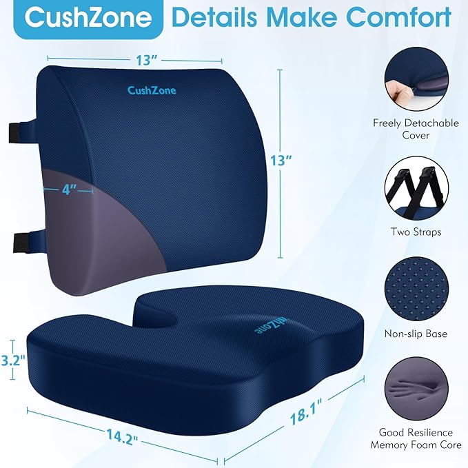 Seat Cushion, Lumbar Support Pillow with Adjustable Strap-Chair Cushions for Sciatica Pain Relief-with Washable Cover Memory Foam for Car, Travel and Wheelchair-Blue