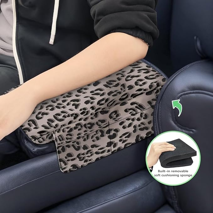 Car Armrest Storage Box Mat, Grey Leopard Car Center Console Cover, Vehicle Armrest Seat Box Cover Accessories Interior Protection for Most Vehicle, SUV, Truck, Car