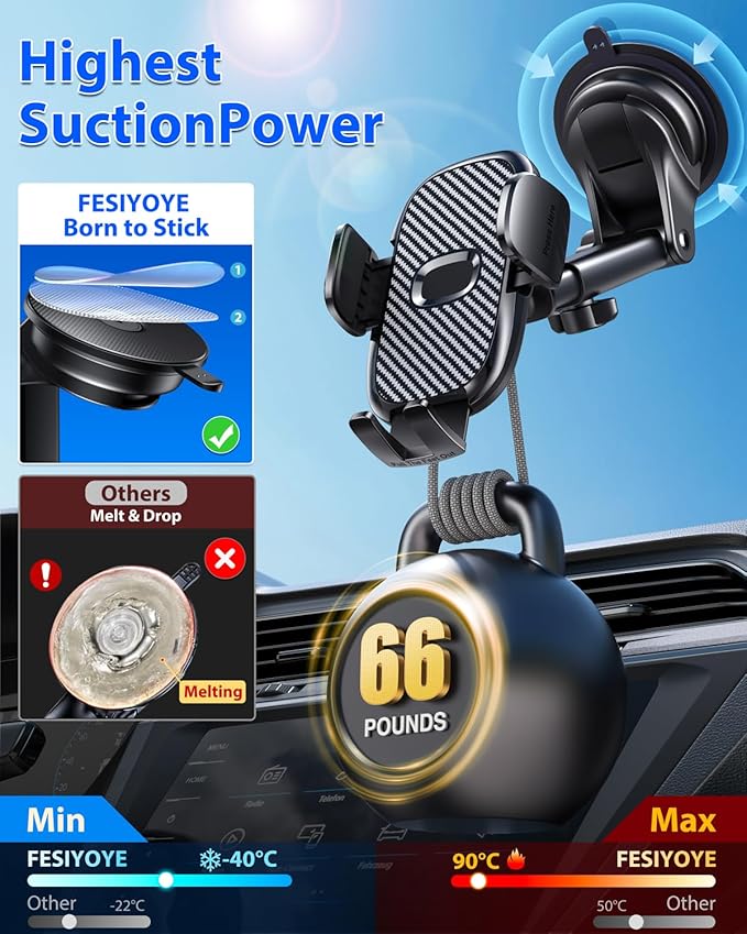 Car Phone Holder[Military-Grade 360°Suction Cup]Phone Holders for Your Car Universal Accessories Air Vent Dashboard Windshield Phone Mount Automotive Cradles Fit for Dash Mounting Kits iPhone