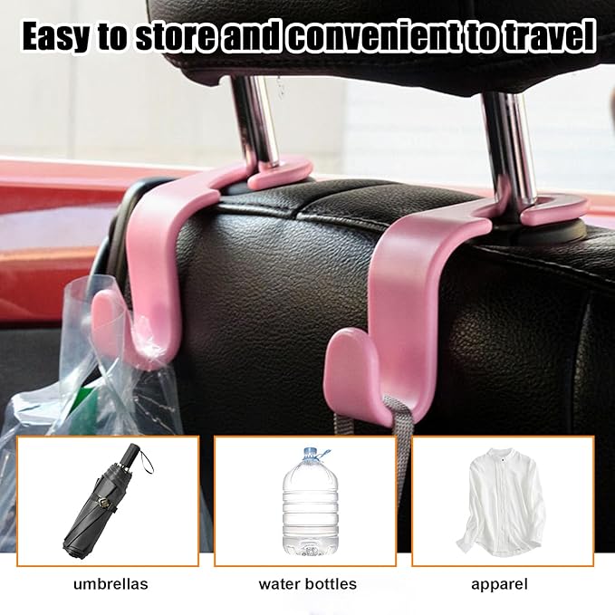Ziciner 4 PCS Car Seat Headrest Hooks, Backseat Hangers Storage Organizer, Universal Car Accessories for Purse Grocery Bags Coats (Pink)