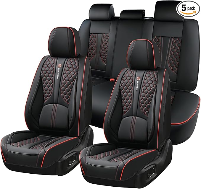Universal Car Seat Covers, Black with Red Trim, Premium Nappa Leather, with Lumbar Support, Waterproof, Full Set, Non-Slip, Contoured Fit, Airbag Compatible, Fits Suvs, Sedans, Pickup Trucks