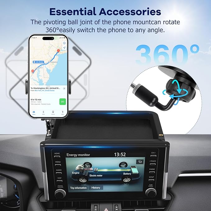 Car Phone Holder Fit for Toyota RAV4 2019-2025 W/Dash Tray Storge Box Organizer, Cell Phone Mount for RAV4 Accessories 7/8 inch Touch Screen 360 Degree Rotation (Not Fit 9/10.5 inch)