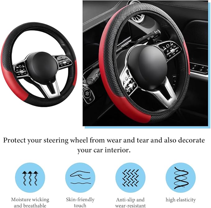 Car Steering Wheel Cover, 15 Inch Anti-Slip Stretch Leather Steering Wheel Protector, Comfortable Breathable Sporty Steering Wheel Cover for Women Men, Car Accessories (Black & Red, AD)