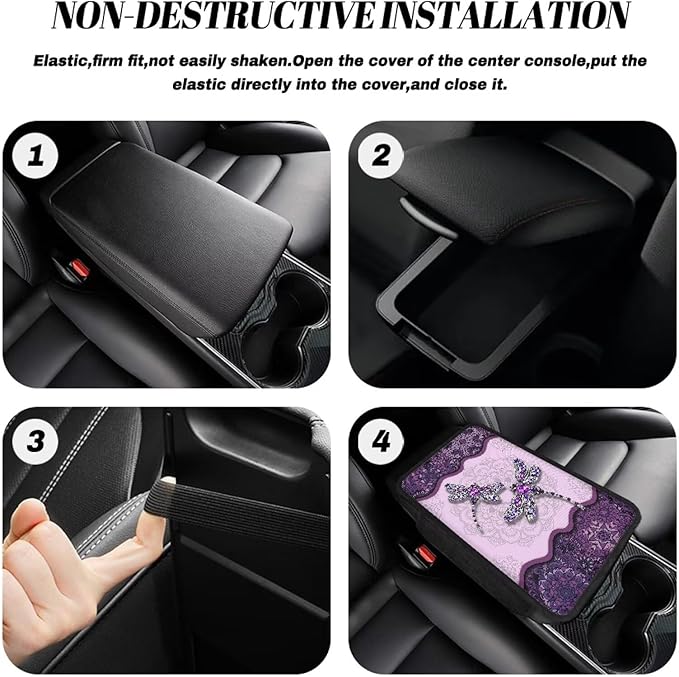 Boho Floral Dragonfly Print Car Center Console Cover Waterproof Vehicle Armrest Cover Pad with 2 Storage Bags Scratch-Resistant Car Armrest Cushion Car Accessories Interior Protection