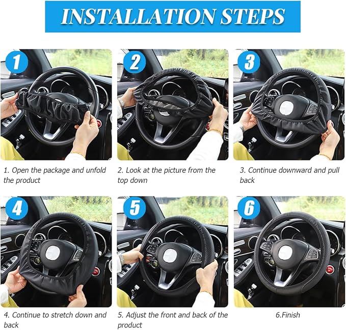 Car Steering Wheel Cover, Elastic Anti-Slip Microfiber PU Leather Auto Steering Wheel Protector, Comfortable Vehicle Interior Protective Accessories, Universal for RV, SUV, Truck (Black/Blue)