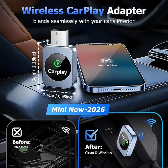 Wireless CarPlay Adapter for iPhone, 2026 Upgraded Carplay Dongle Converts Wired to Wireless, Plug & Play Auto Connect, Mini USB CarPlay Adapter, Stable No Latency Connection Compatible with iOS 10+