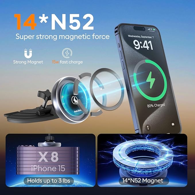 MAGJIEYX CD Slot Magnetic Car Mount Charger for iPhone 17, 16, 15-12, 3X Stable on Bumpy Roads, Wireless Charging Holder with 3M Dash Sticker, No Vent Block for Sedans/SUVs/Trucks