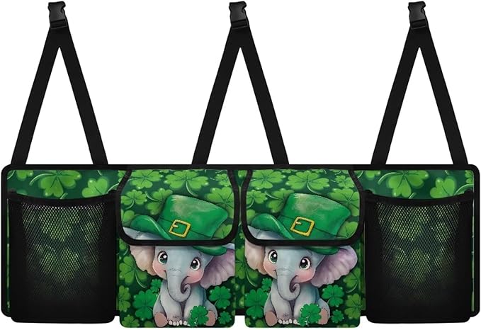 Cute Elephants Trunk Organizer St. Patrick Day Green Leaves Car Back Seat Organizer,4 Compartments,Backseat Hanging Organizer for Women Men