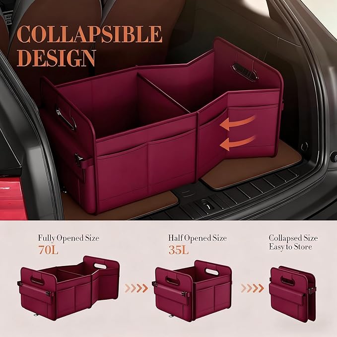 titiyiof Trunk Organizer SUV, Car Organizers and Storage, NOT-FLIMSY ANTI-SLIDE 70L Spacious Collapsible Sturdy Trunk Organizer for Grocery/Car Accessories/Women Men's Gift, Wine Red
