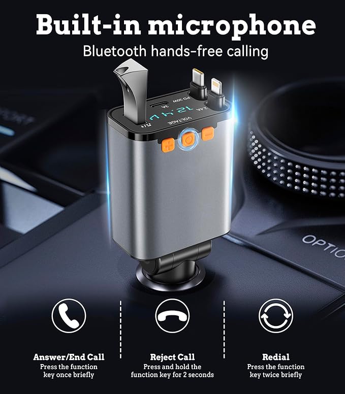 50W PD Car Charger with Bluetooth FM, Retractable Type-C & Lightning Cables, Hands-Free Calling Kit, USB MP3 Player & Voltage Display for 12V/24V Cars, Trucks