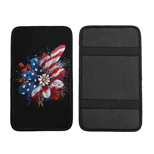 American Flag in Red Flower Car Auto Armrest Cushion Cover Accessories Center Console Seat Box Pad Protector Universal Decoration for Most Vehicle SUV Truck