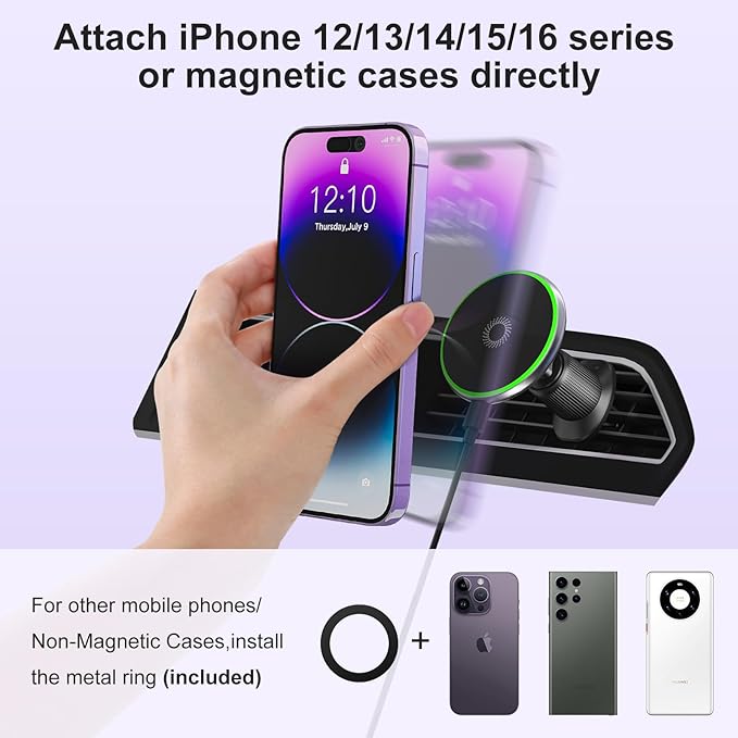 15W for Magsafe Car Mount Charger, Wireless Car Charger Magnetic Air Vent/Dashboard Fast Charging Phone Holder for iPhone 17 16 15 14 13 12 Serie Samsung