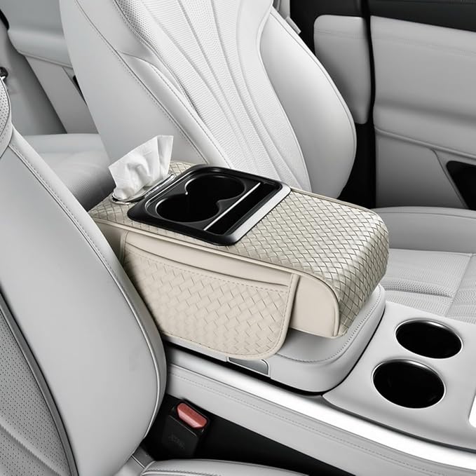 Car Armrest Cushion Cover Car Center Console Memory Foam Booster Pad with Storage Pocket and Tissue Hole for Sedan Vehicle (Cupholder - Beige, 13.39 * 7.68 * 2.95'' / 34 * 19.5 * 7.5cm)