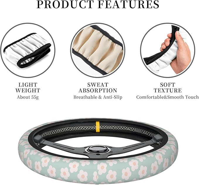 Car Steering Wheel Cover,Flower Universal Non Slip Wheel Protector 15 Inch Elastic Car Accessories for Men Women