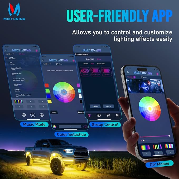 MICTUNING 2nd-Gen CM RGB Rock Lights - 4 Pods Waterproof Multicolor Neon Underglow Kit with Bluetooth App Control & Music Mode for Trucks Pickup UTV SUV ATV （2 Year Warranty）