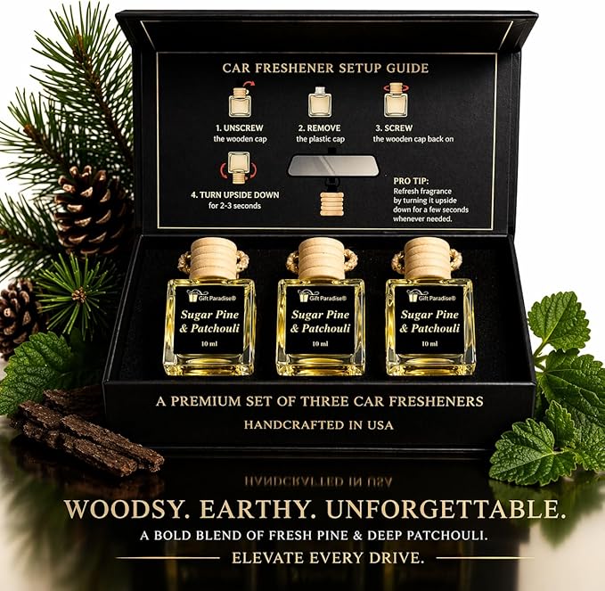 Sugar Pine & Patchouli Car Air Freshener Set of 3 (10 ml Each), Hanging Diffuser Bottles with Wooden Cap, Woodsy Earthy Fragrance for Car, Home & Office, Magnetic Gift Box