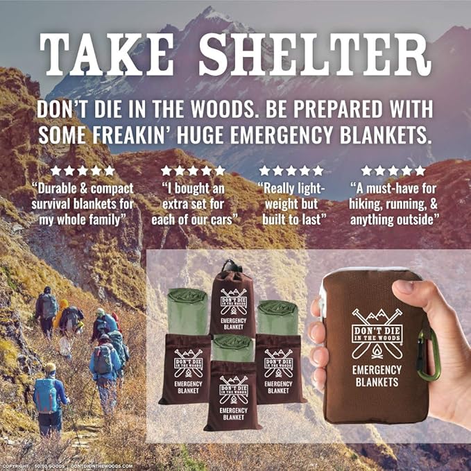 Don't Die In The Woods - Freakin’ Huge Emergency Blankets [4-Pack] Extra Large Thermal Mylar Space Blanket - One of The Ten Essentials Outdoor Survival Gear for Hiking Camping First Aid Kit (Green)