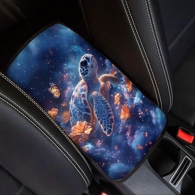 Butterfly Sea Turtle Car Armrest Pads Car Armrest Cushion Arm Rest Covering Car Middle Console Covers Non Slip for Truck Auto SUV Car Accessories