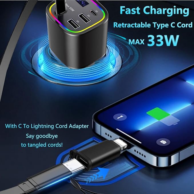 Car Charger USB C, 4in1 Car Phone Charger with USBC Retractable Cable for iPhone Android Fast Charge, AGEMANY 78W Cigarette Lighter Adapter with Voltage Display, 12V/24V Car Accessories Gift (Black)