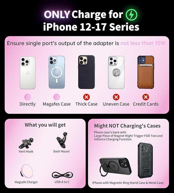 BHHB for Magsafe Car Mount Charger, [2026 Upgrade] 15W 2in1 Magnetic Wireless Car Charger, for Magsafe Car Charger, Vent/Dashboard Phone Holder, ONLY for iPhone 17 16 15 14 13 12 Series (Pink)
