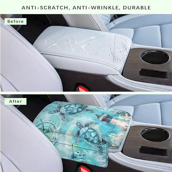 Dreaweet Vintage Sea Turtle Arm Rest Cover for Car Thick Center Console Cover Pad with Pockets Anti-Scratch Car Armrest Cover Cushion Center Console Armrest Replacement