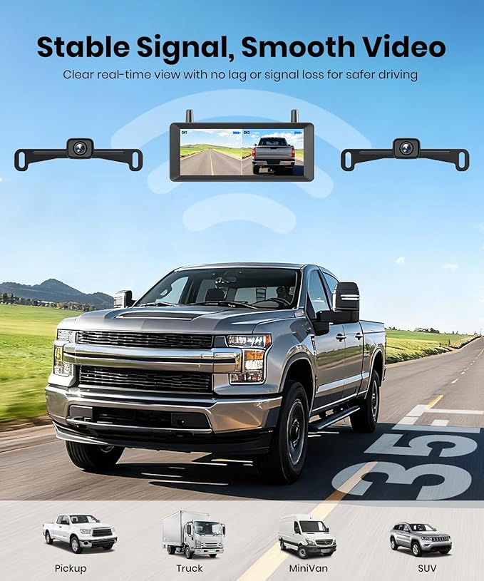 AUTO-VOX 2 Wireless Backup Camera: 7.2" USB-Powered Dual Split-Screen 1080P HD Monitor with DVR Recording, Front and Rear Coverage, Stable Signal, Back Up Camera for Pickup, Trailer, SUV