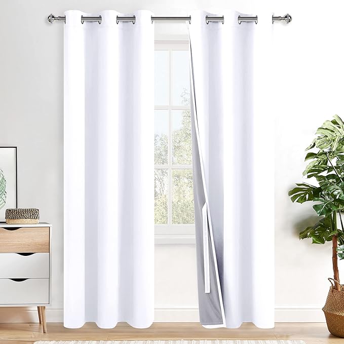 XWZO White Blackout Curtains with Tiebacks - Heat and Full Light Blocking Window Panels with Grommets for Bedroom/Nursery, 84 Inches Long Thermal Insulated Draperies, White, W42 x L84, Set of 2