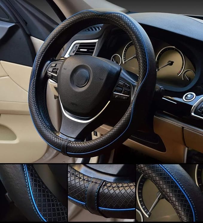 Valleycomfy Steering Wheel Covers Universal 15.75 inch - Genuine Leather, Breathable, Anti Slip & Odor Free (Black with Blue Lines, L(15" 1/2-16"))