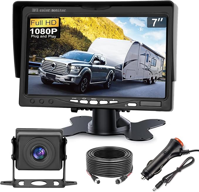 Kairiyard Truck RV Backup Camera with 7 Inch Monitor, AHD 1080P DIY Guide Lines No Delays Waterproof Wired Reverse Rear View Camera System for Car Trailer Camper