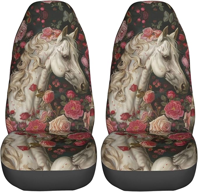 Delerain Car Seat Covers Set 2Pcs, Rose White Horse Universal Front Car Seats Vehicle Enterior Protector Suitable Fits Most Car Auto SUV Sedan Truck