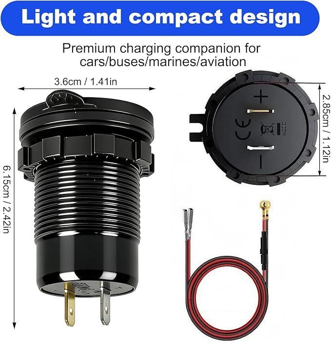 DC 12V Die Cut Mount USB Charger Aluminum Charger 4 USB Ports Dual PD and Dual QC Ports with Voltage Display Meter for Car, RV, Boat, Motorcycle and Panel Mount