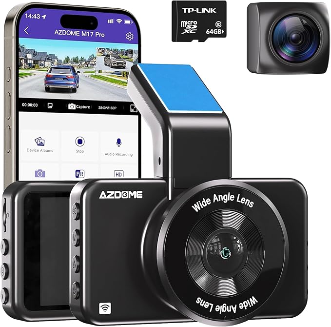 AZDOME 4K Dash Cam Front and Rear 1080P, Free 64GB Card Included, 5.8GHz WiFi Dual Dash Camera for Cars, 3" IPS Screen Dashcam, Car Camera with G-Sensor, 170°Wide Angle,24H Parking Mode Voice Control