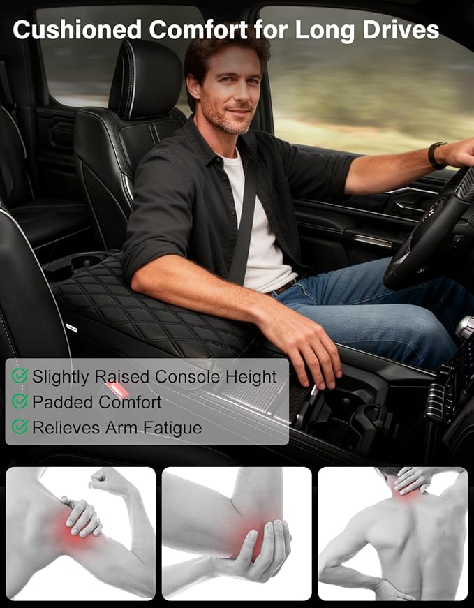 Center Console Armrest Cover for 2019-2026 Dodge Ram 1500 2500 3500 Accessories, Vinyl Leather Middle Console Cover Cushion Pad, Black(Fits Bucket Seat Only)