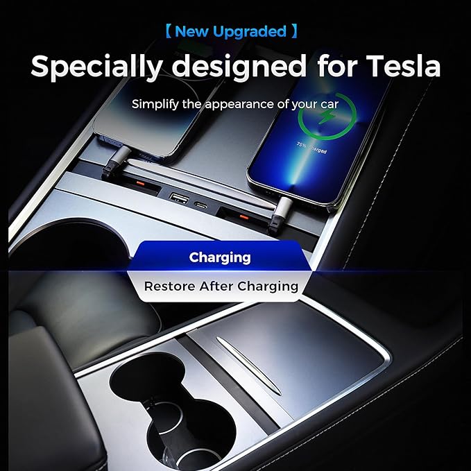 Upgrade USB Charger Hub for Tesla Model Y&Model3, 4-Ports Center Console Retractable Phone Charger,for Model Y/3 Accessories 2024 2023 2022 2021 (Not Compatible with Model 3 2024)