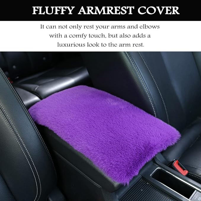 Fluffy Furry Armrest Cover for Car, Auto Center Console Cover Pad Car Soft Console Pad Wool Fur Armrest Seat Box Cover Protector Universal Fit for Most Vehicle, SUV (Purple)