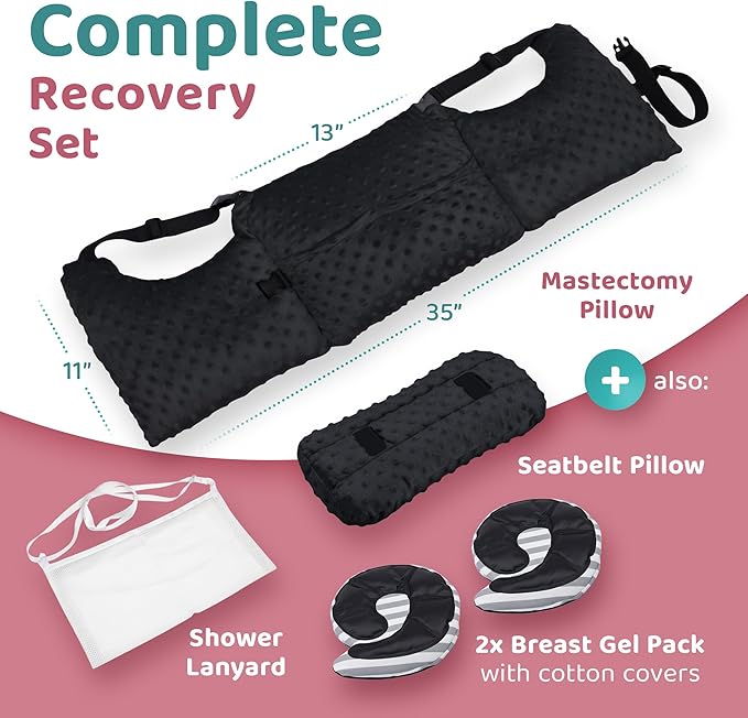 Zomaple Mastectomy Recovery Pillow with Strap, Swirly Gel Pack, Seat Belt Cover & Shower Lanyard – Post-Op Essentials, Breast Augmentation/Reduction & Recovery Supplies – Washable Cover for Comfort