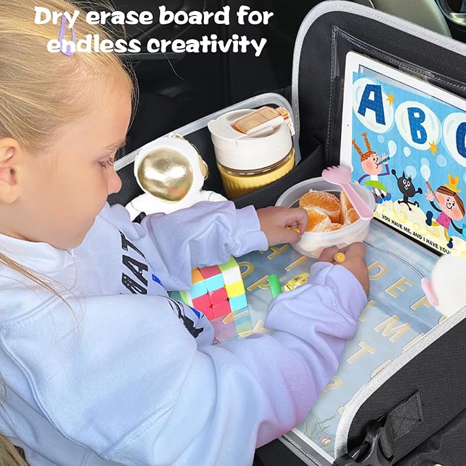 MENZOKE Kids Travel Tray for Toddler Car Seat, Toddler Gift for Boy Activities with Dry Erase Board & iPad Holder Stand, Road Trip Essentials Accessories Lap Tray for Boy as Birthday Gift, Black