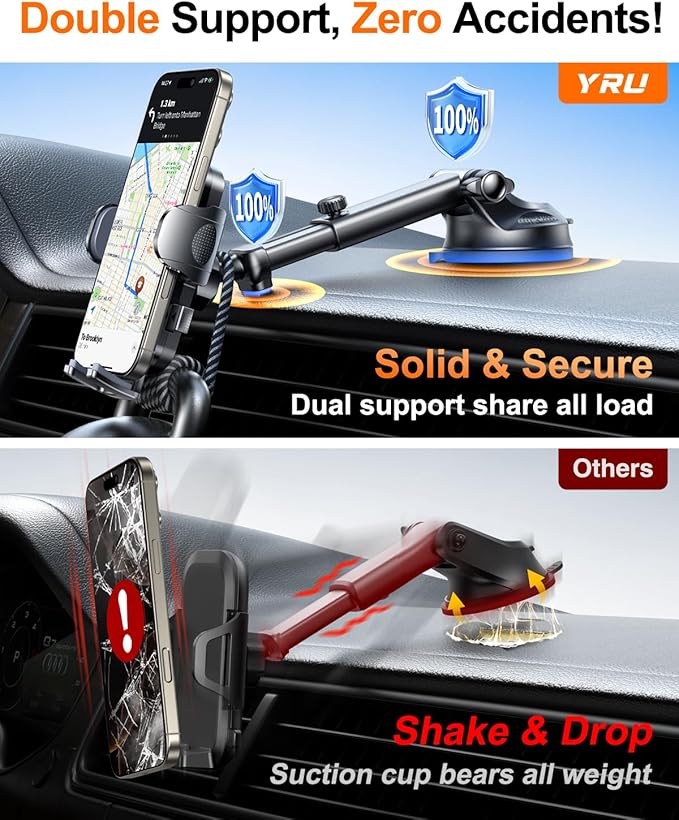 YRU True Military-Grade [360° Rotation Suction] 2026 Ultimate Car Phone Holder Mount 【90+LBS Safest Strongest & Patent Certs】 Dashboard Windshield Vent for iPhone 17 16 Pro Max Samsung, Light Gray